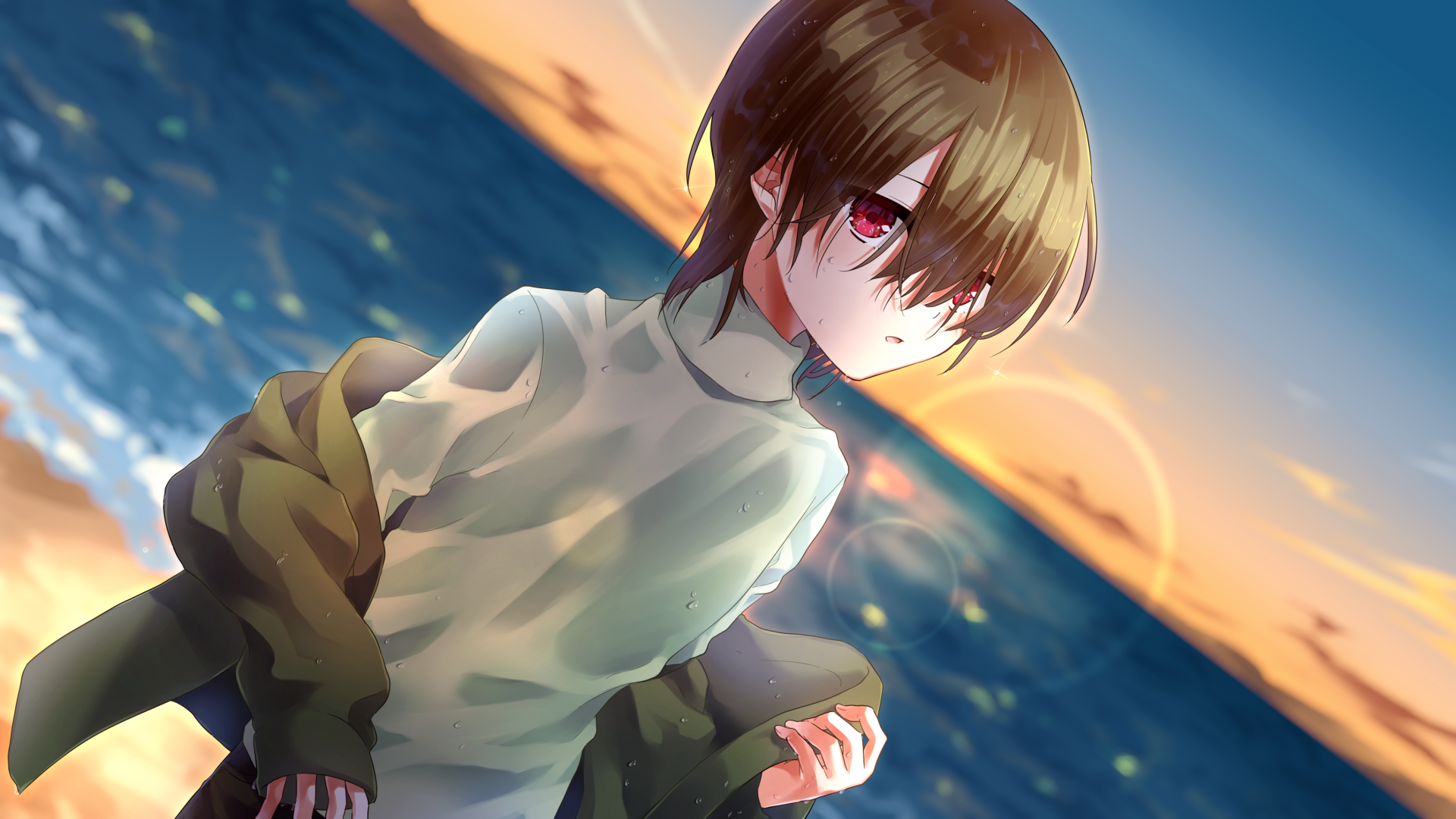 濡れた上着を半脱ぎ状態にしながらこちらを見ているずぶ濡れの酸素のイラスト。背景は夕暮れの海。