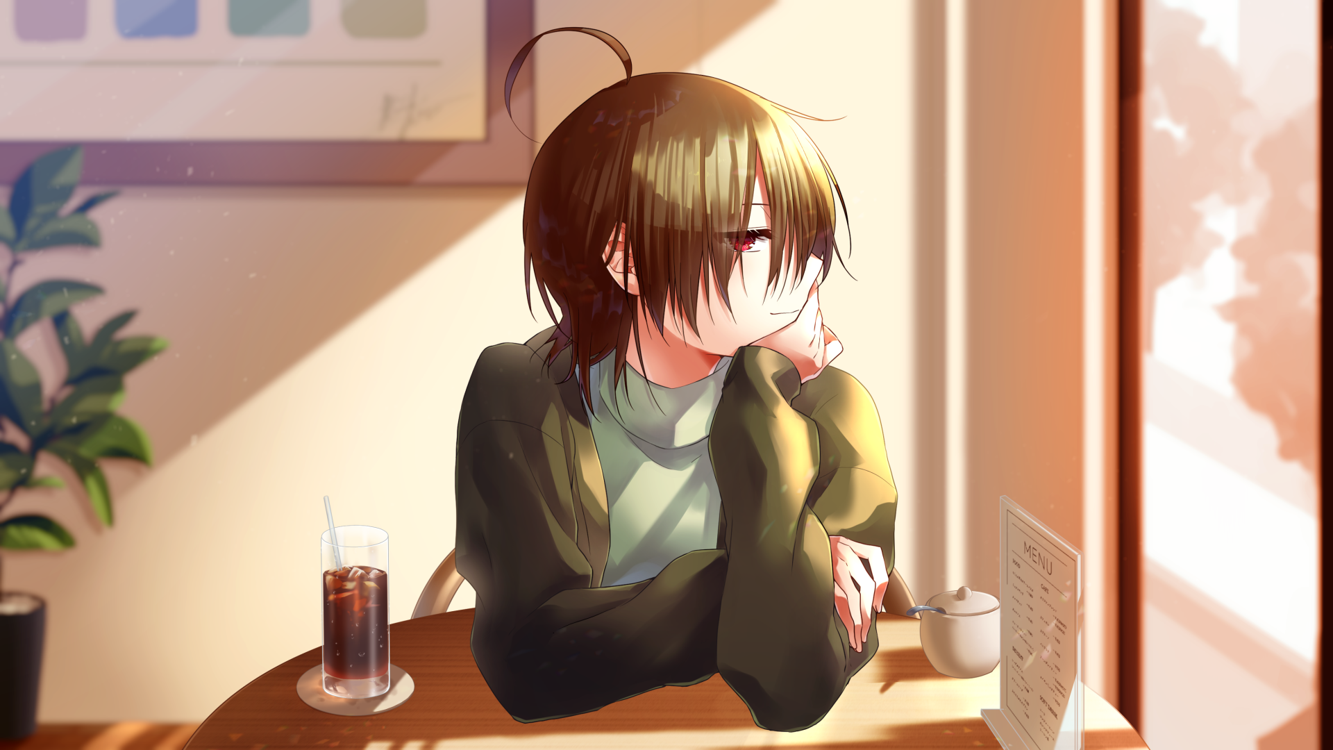 喫茶店で座っている酸素が、横目でこちらを見ながら薄く笑っているイラスト。