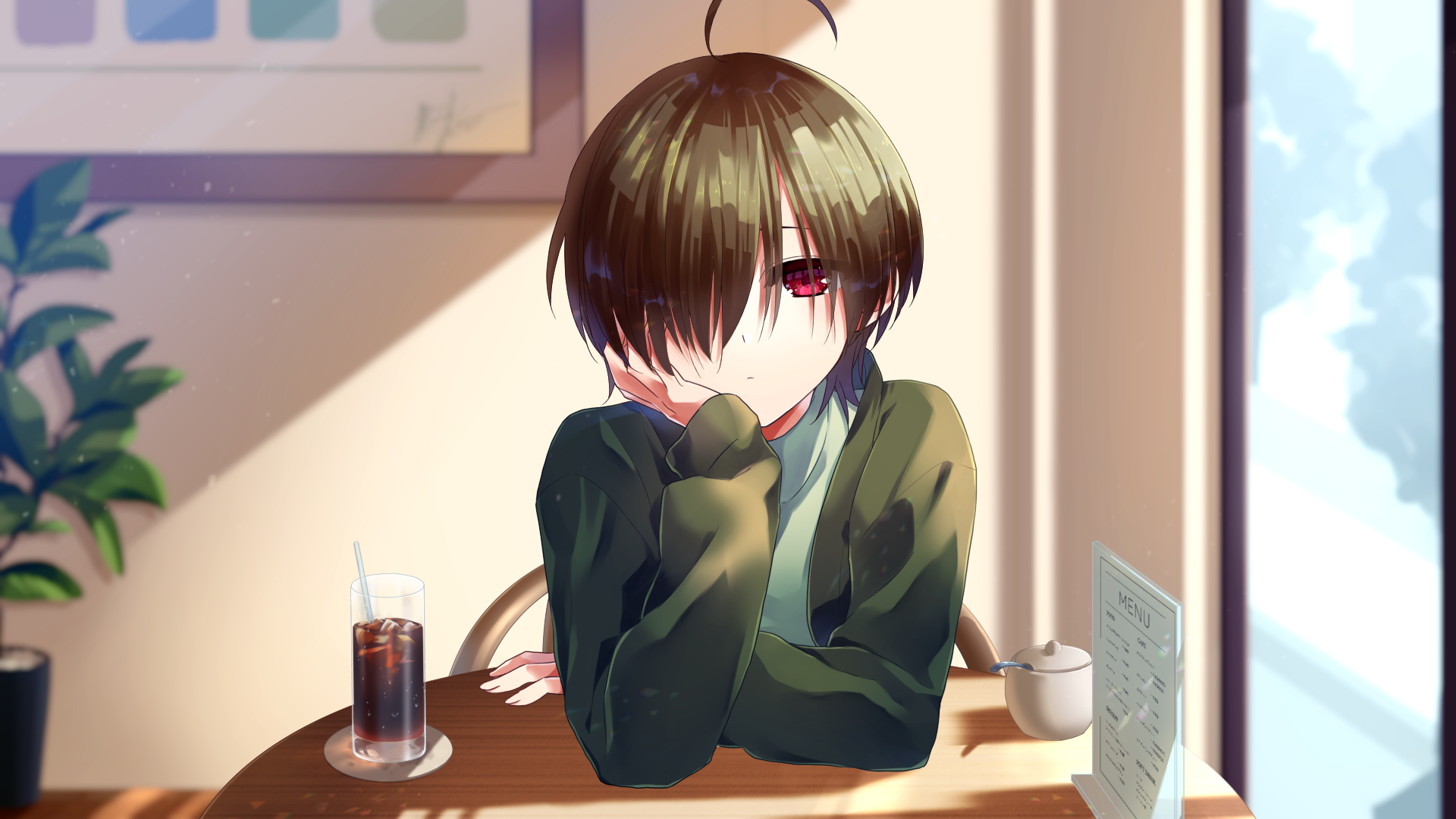 昼間の喫茶店で、頬杖をつきながらこちらを見ている酸素。