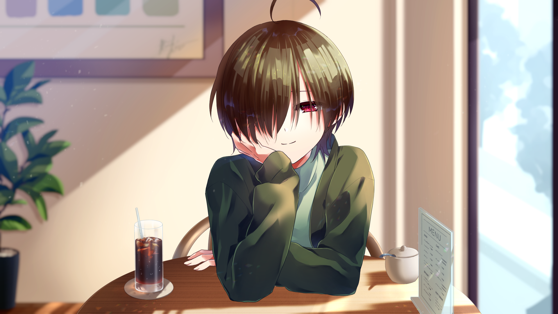 昼間の喫茶店で、頬杖をつきながらこちらを見ている酸素。目を細めて苦笑している。