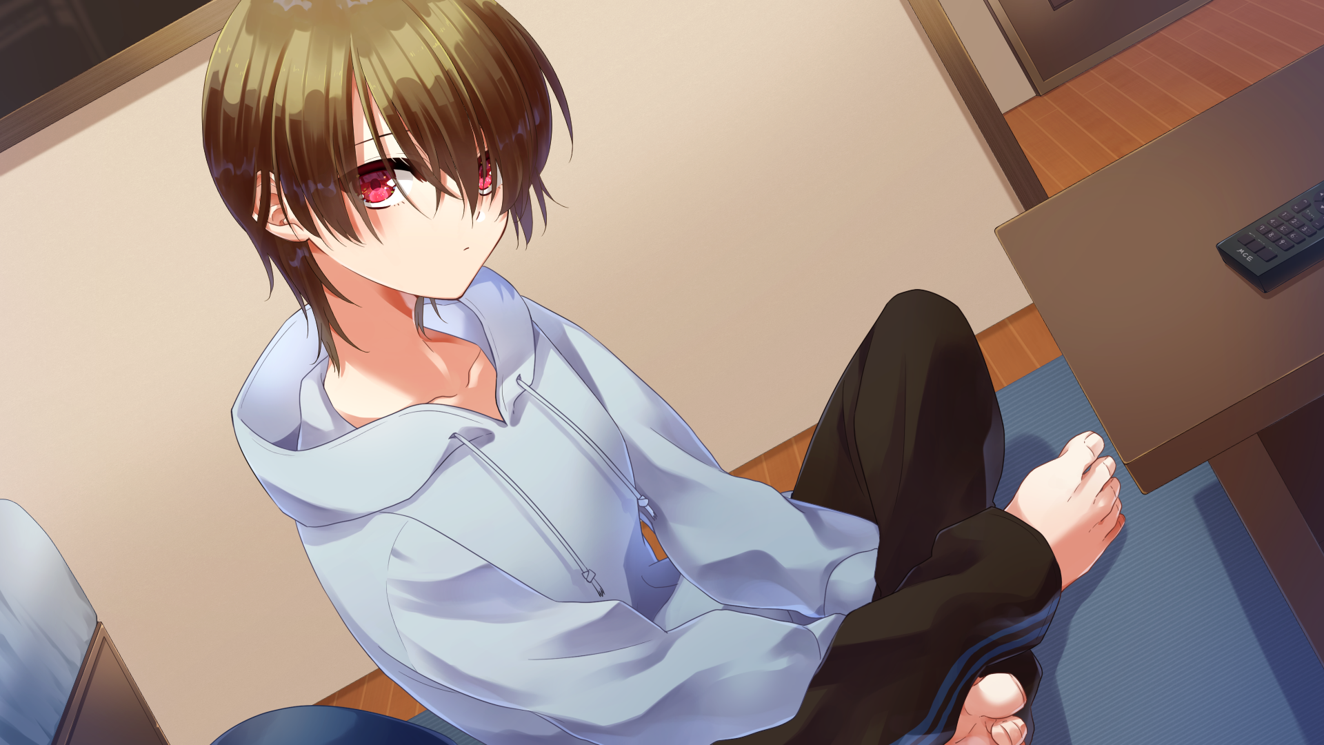 ワンルームのラグの上にあぐらで座っている酸素が上目遣いにこちらを見ているイラスト。大きめのパーカーをスウェットを身に着けている。