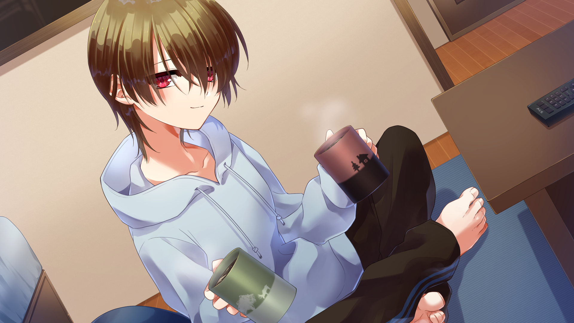 両手にマグカップを持ち、片方のカップを差し出しながら苦笑する酸素。