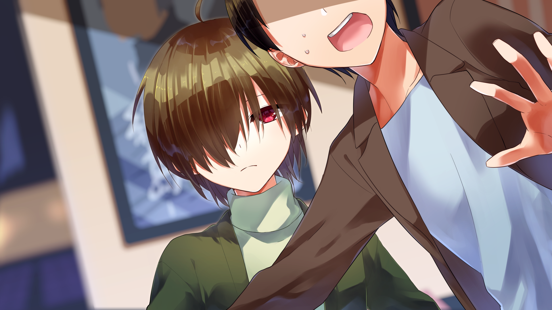 酸素を庇うように前に出て慌ててとりなしている主人公のイラスト。