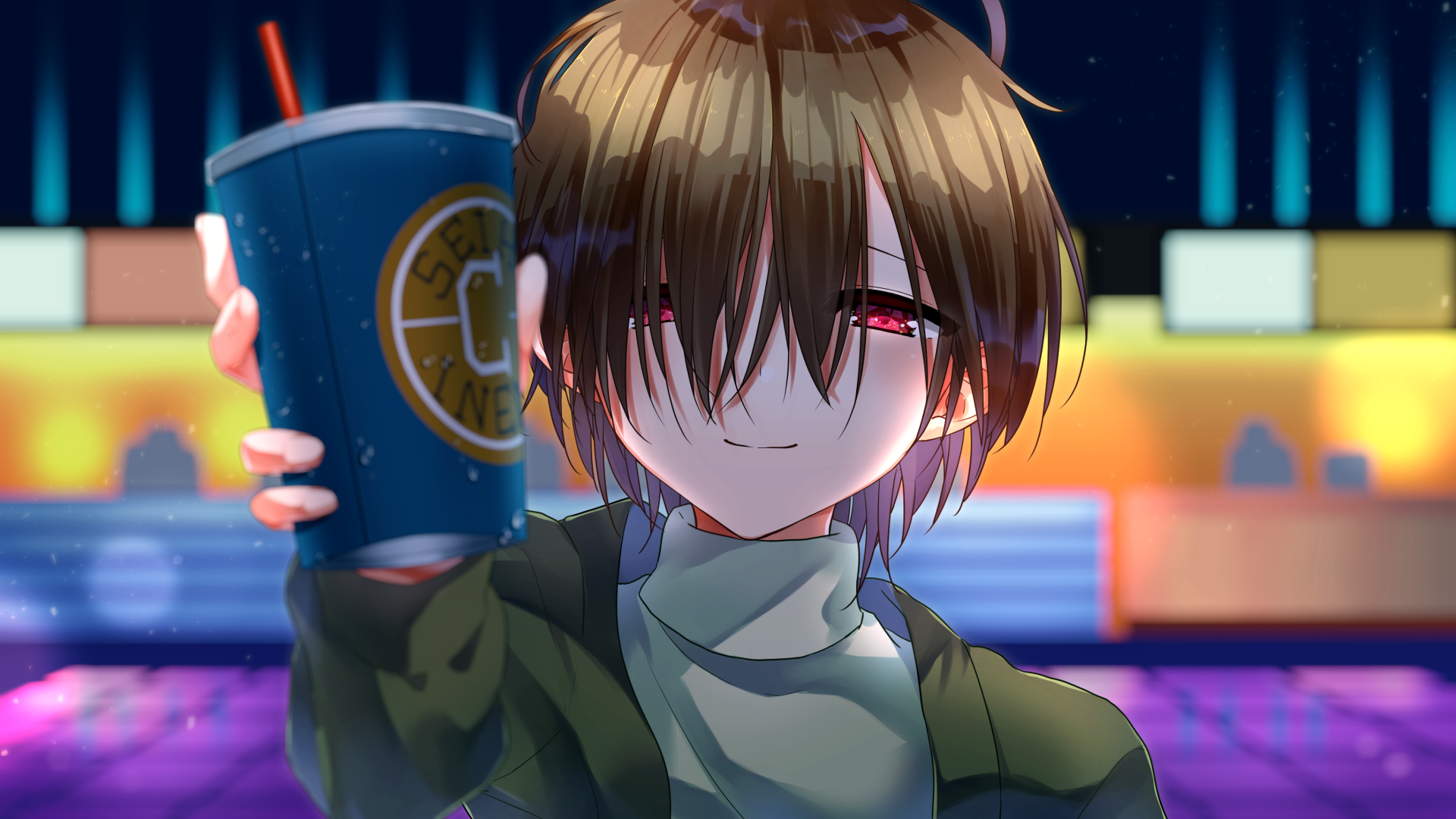 映画館の売店を背景に、ドリンクカップをこちらに近づけている酸素のイラスト。柔らかく微笑んでいる。