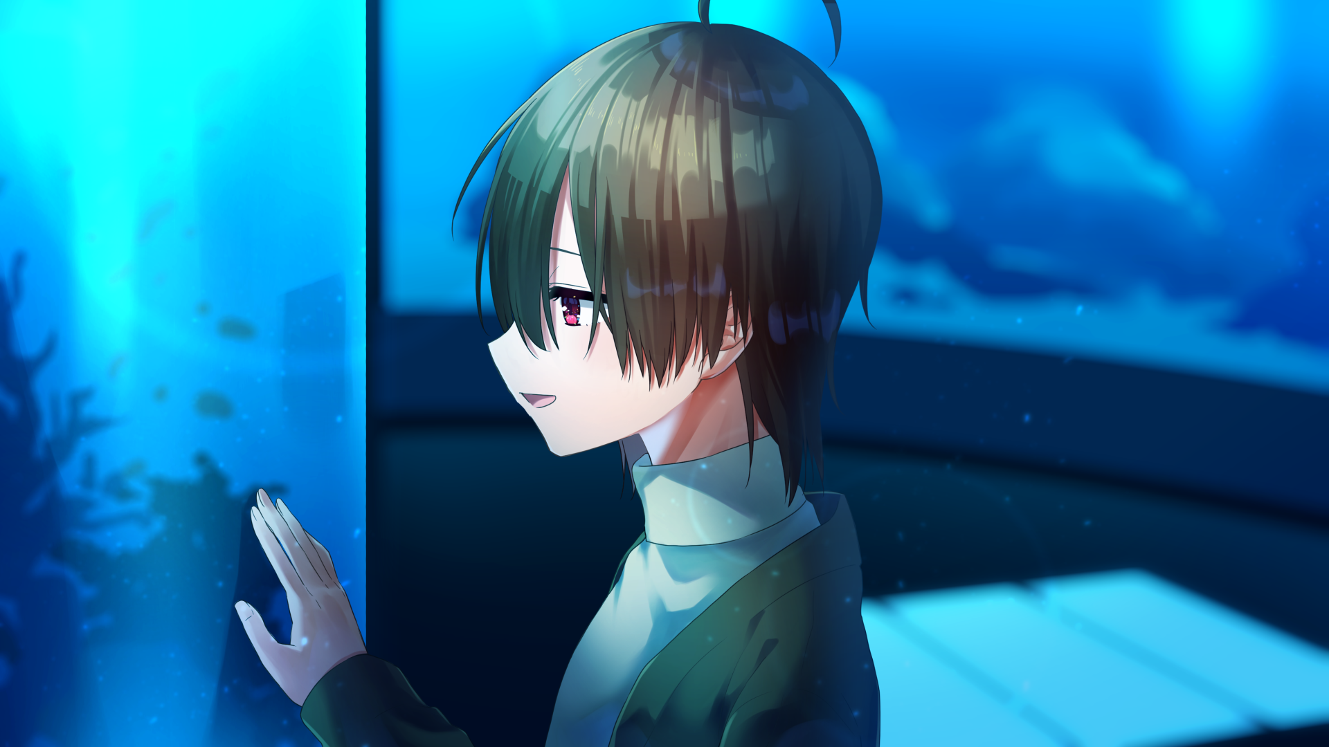 水族館の水槽に手をあてて薄く笑っている酸素の横顔のイラスト。